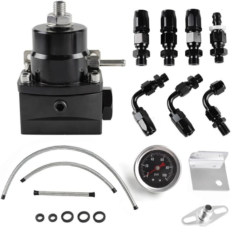 BARTOO Adjustable Fuel Pressure Regulator Kit with Bypass Return 30-70 psi Pressure Gauge, AN6-6AN Fuel Line Hose Fitting Connectors Kit(Black) - Image 1